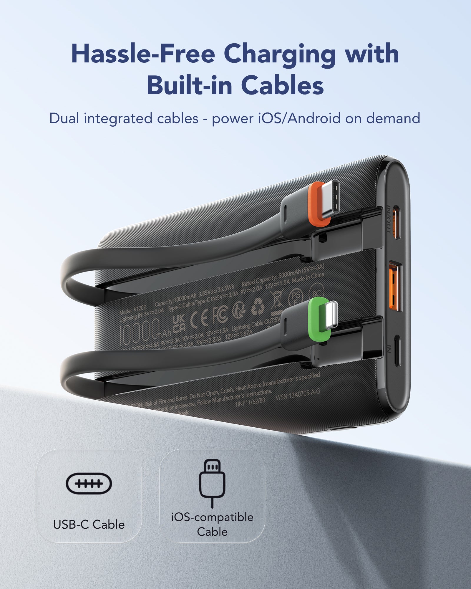 VEGER 10000mAh Portable Charger with Built-in Cables (22.5W PD Fast Charging, 4 Outputs 3 Inputs)