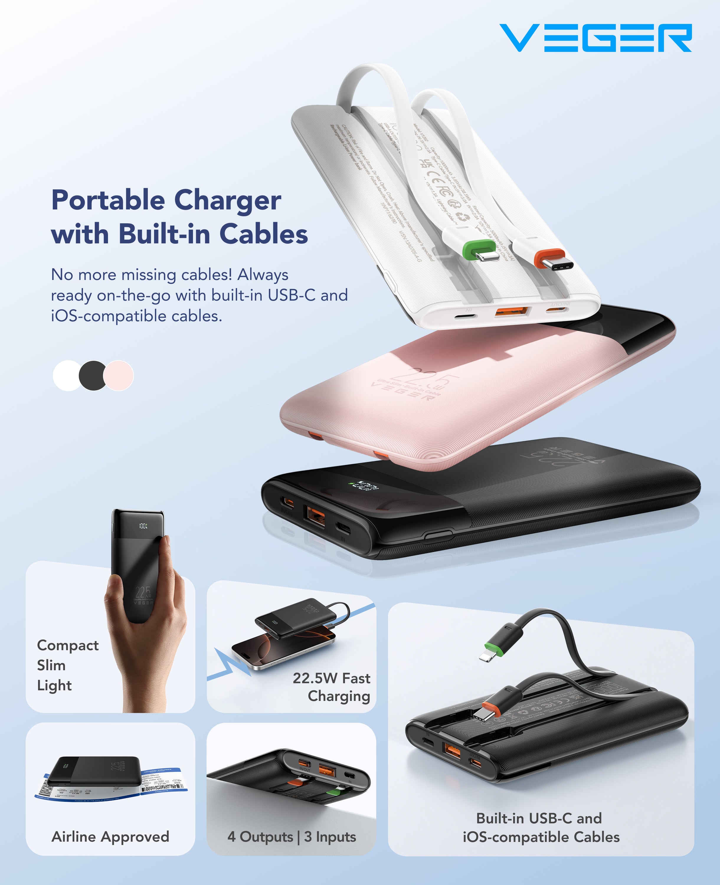 V1202 portable charger with built-in cables