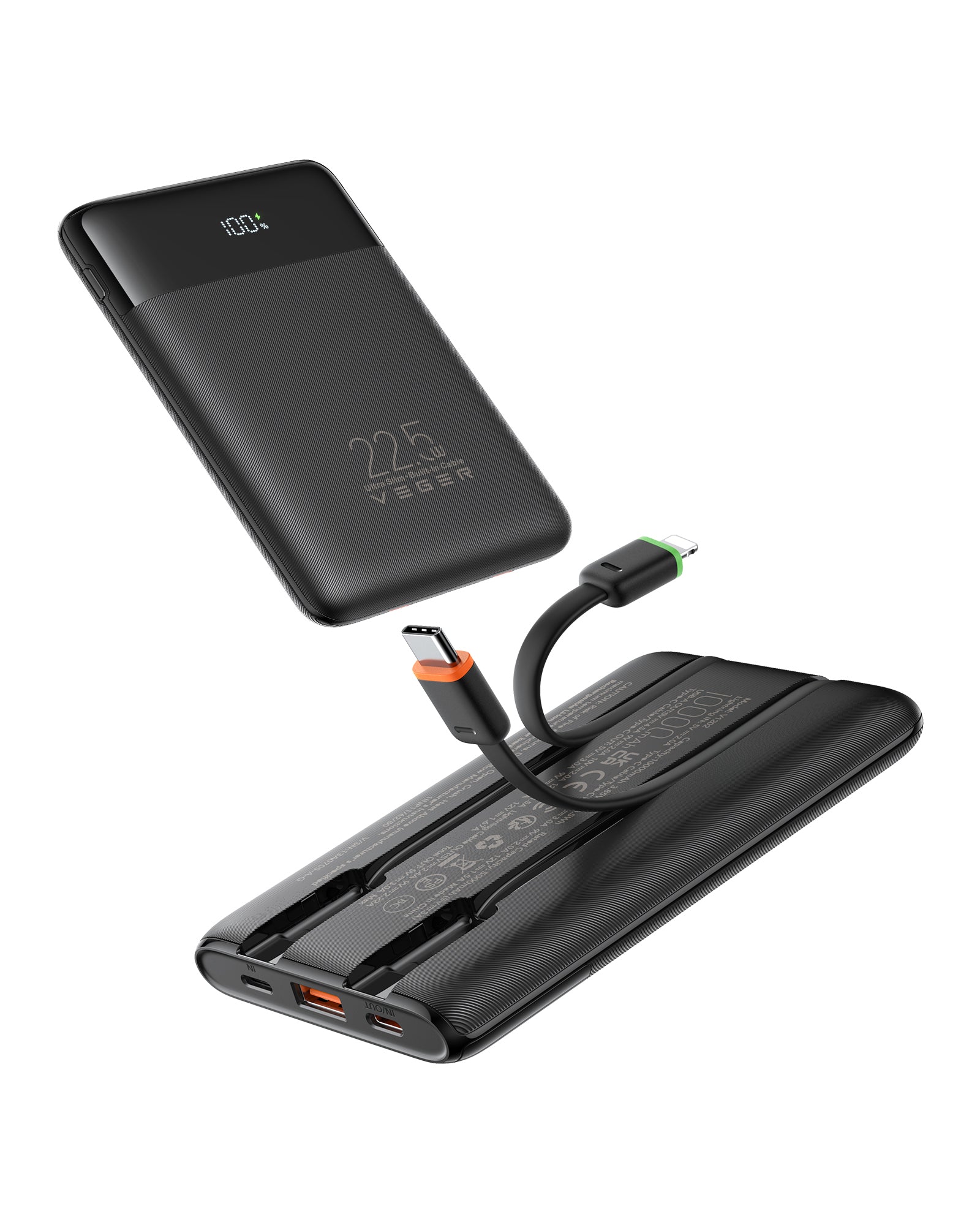 VEGER 10000mAh Portable Charger with Built-in Cables (22.5W PD Fast Charging, 4 Outputs 3 Inputs)