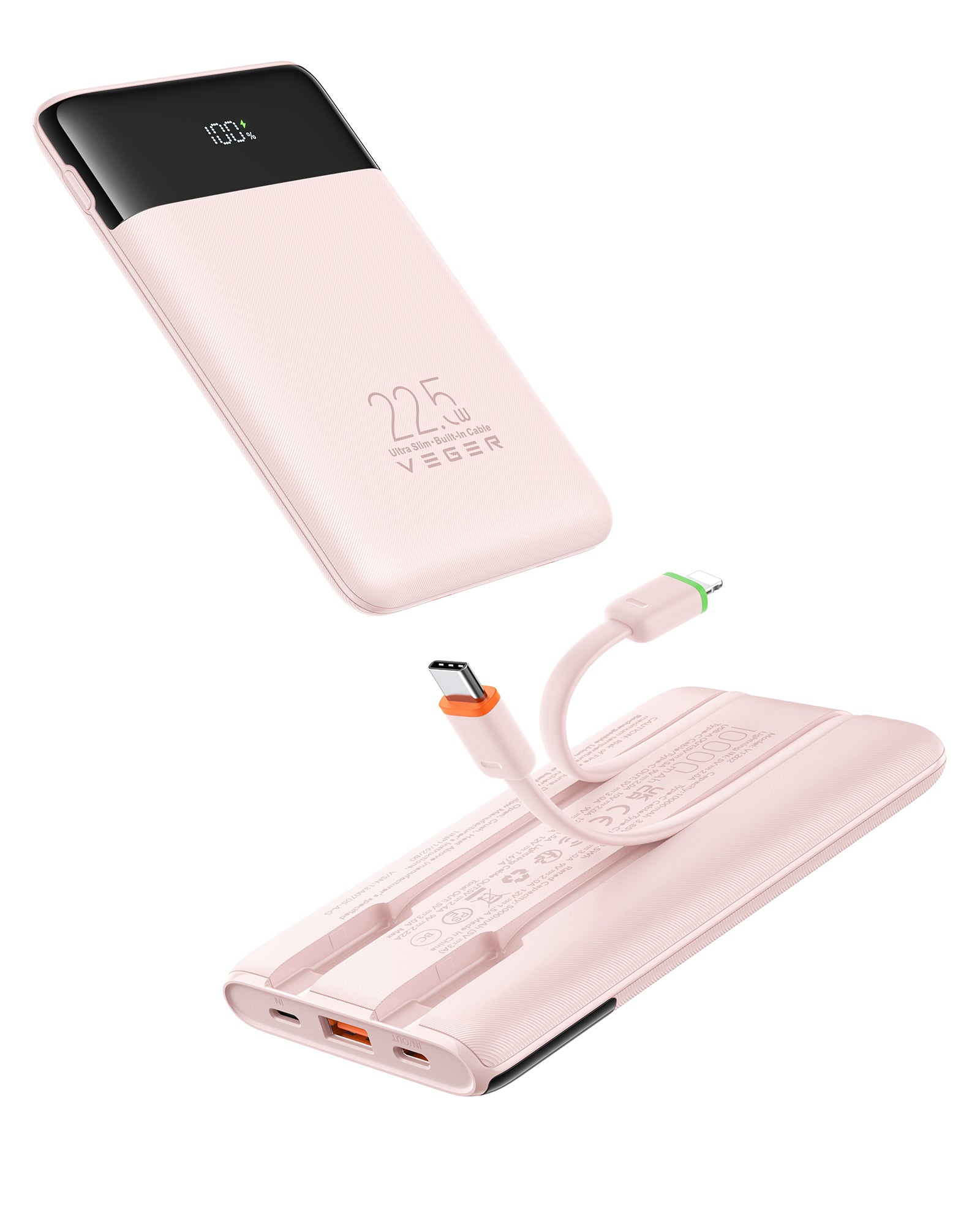 VEGER 10000mAh Portable Charger with Built-in Cables (22.5W PD Fast Charging, 4 Outputs 3 Inputs)