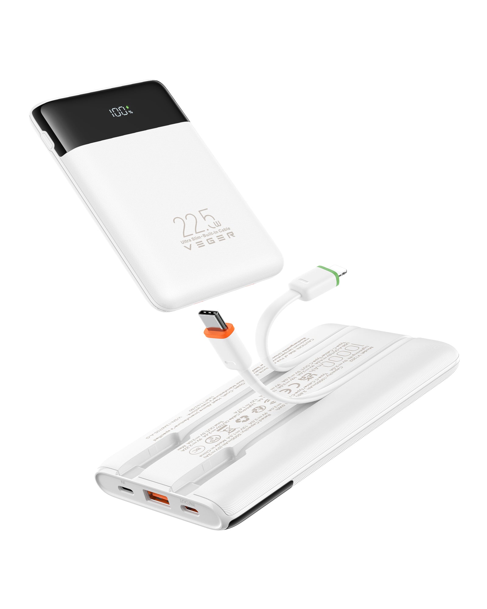 VEGER 10000mAh Portable Charger with Built-in Cables (22.5W PD Fast Charging, 4 Outputs 3 Inputs)
