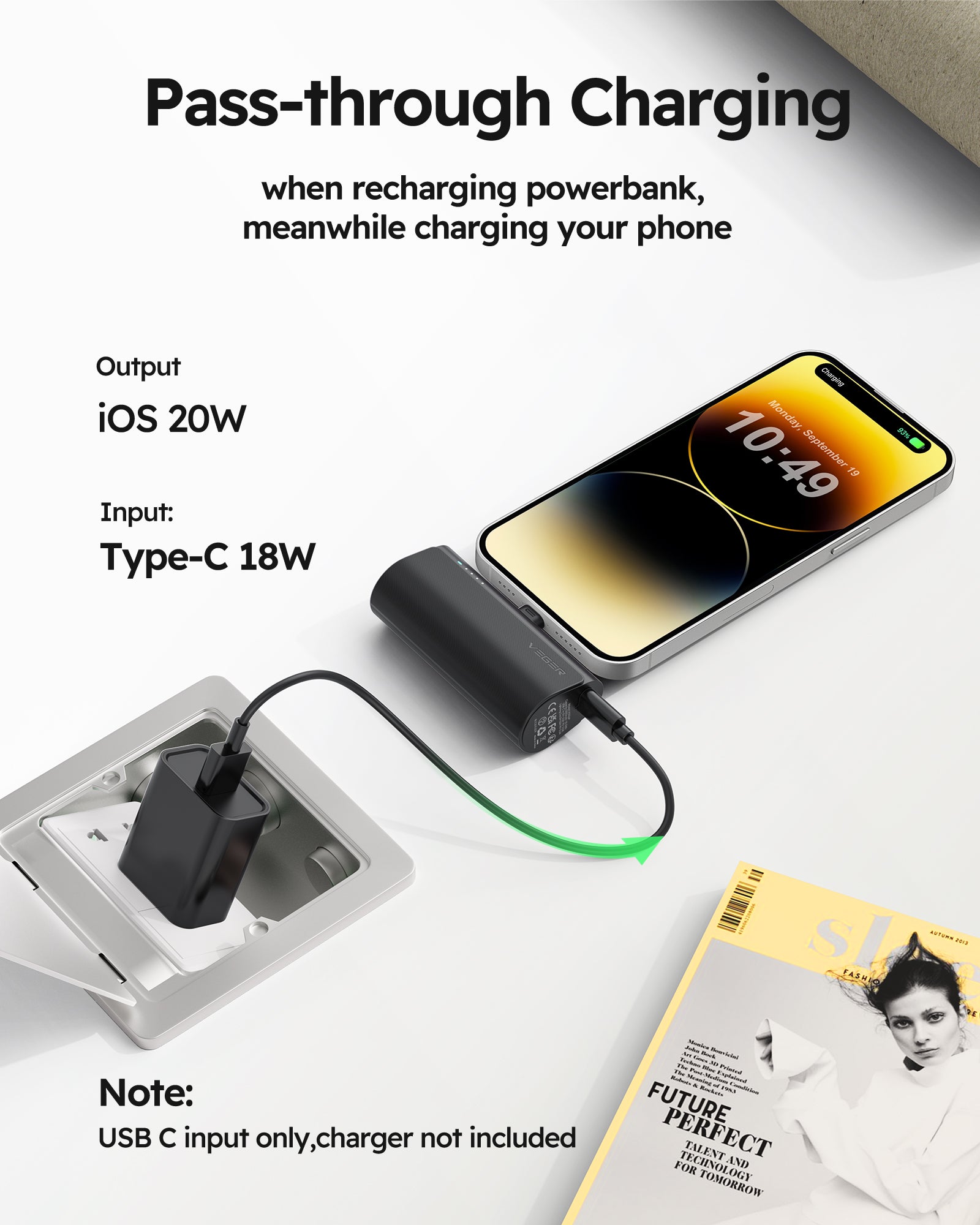 W0556P Cordless Mini Power Bank, 5000mAh 20W PD Fast Charging, Compatible with iPhone and Android