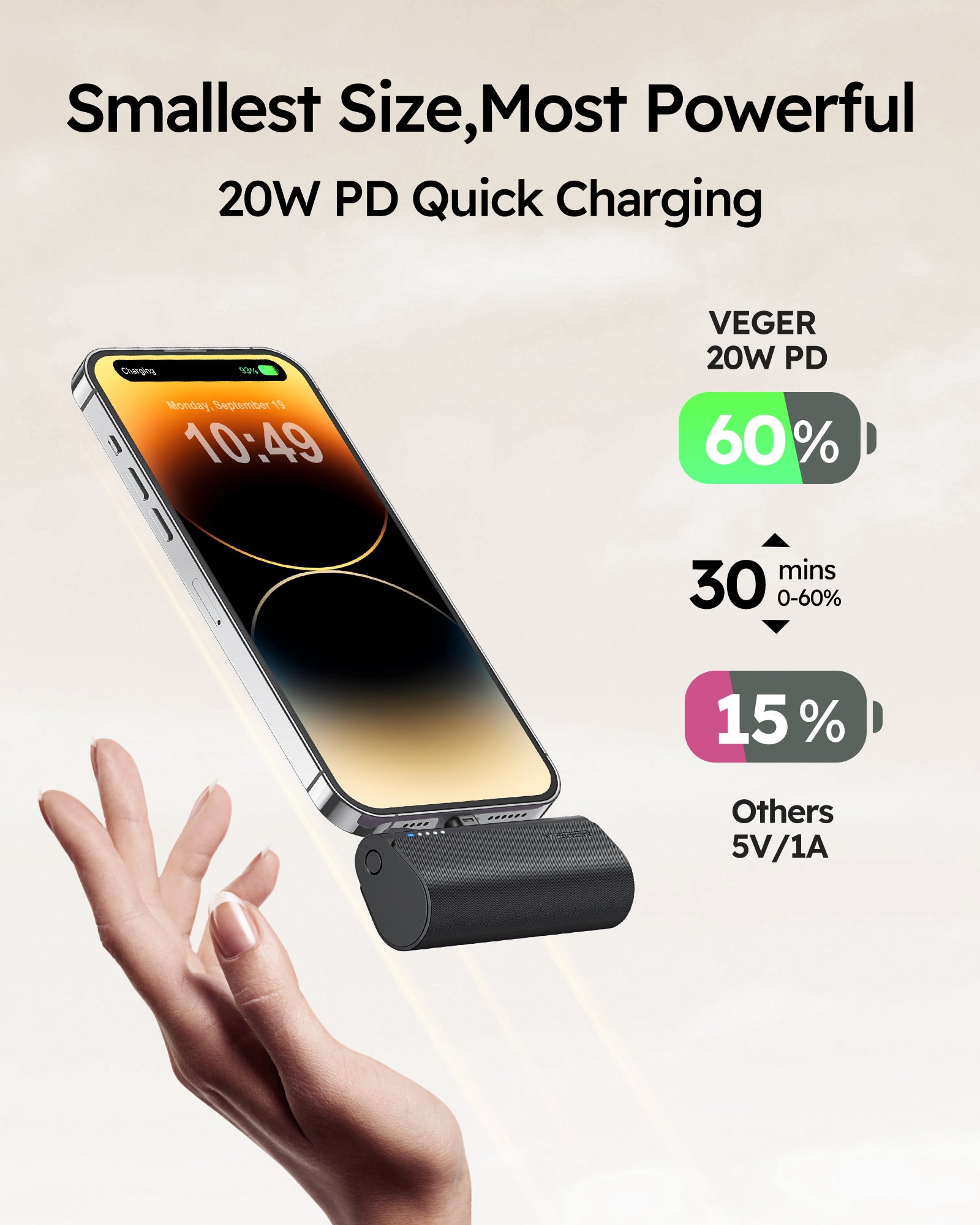 W0556P Cordless Mini Power Bank, 5000mAh 20W PD Fast Charging, Compatible with iPhone and Android