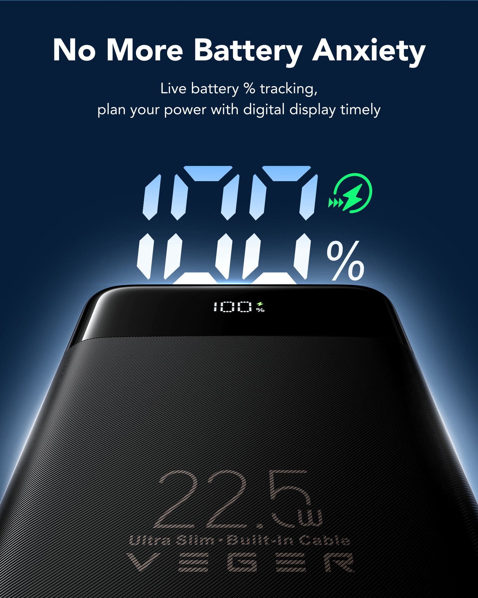 VEGER 10000mAh Portable Charger with Built-in Cables (22.5W PD Fast Charging, 4 Outputs 3 Inputs)