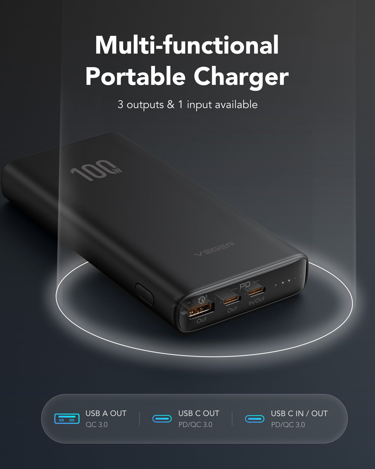 T100 20000mAh 100W Portable Power Bank for Laptop