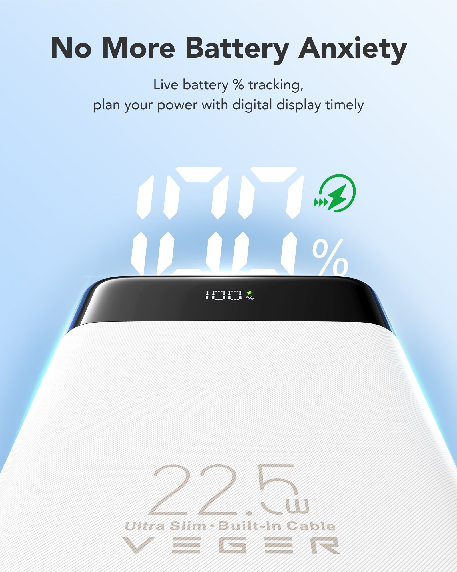 VEGER 10000mAh Portable Charger with Built-in Cables (22.5W PD Fast Charging, 4 Outputs 3 Inputs)