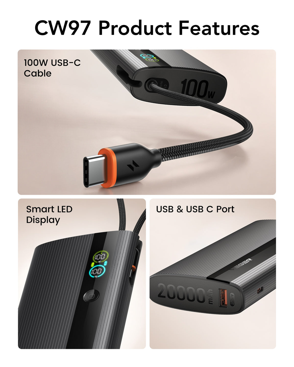 PocketPower 20 20000mAh 100W Power Bank with Built-in USB-C Cable & LED Digital Display