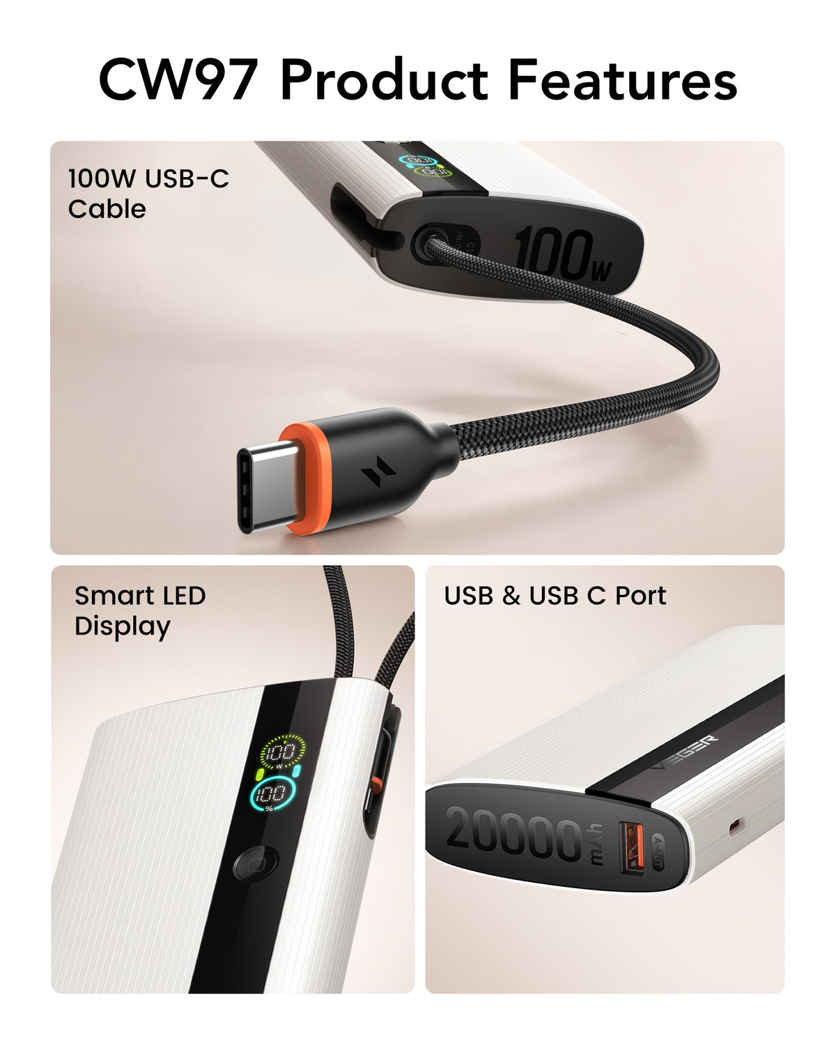 PocketPower 20 20000mAh 100W Power Bank with Built-in USB-C Cable & LED Digital Display