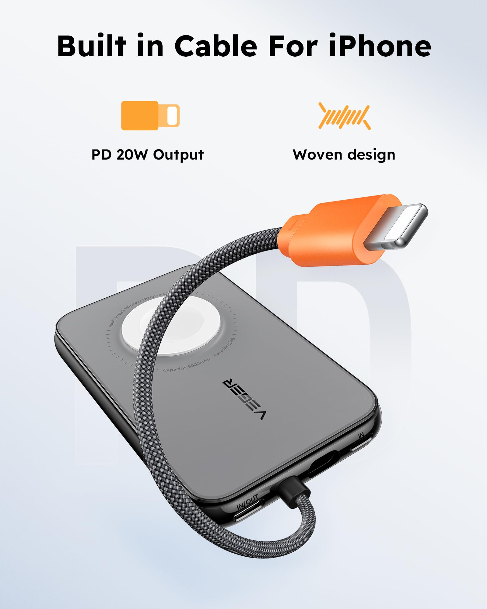 5,000mAh Portable Charger for iPhone with Built in Cable