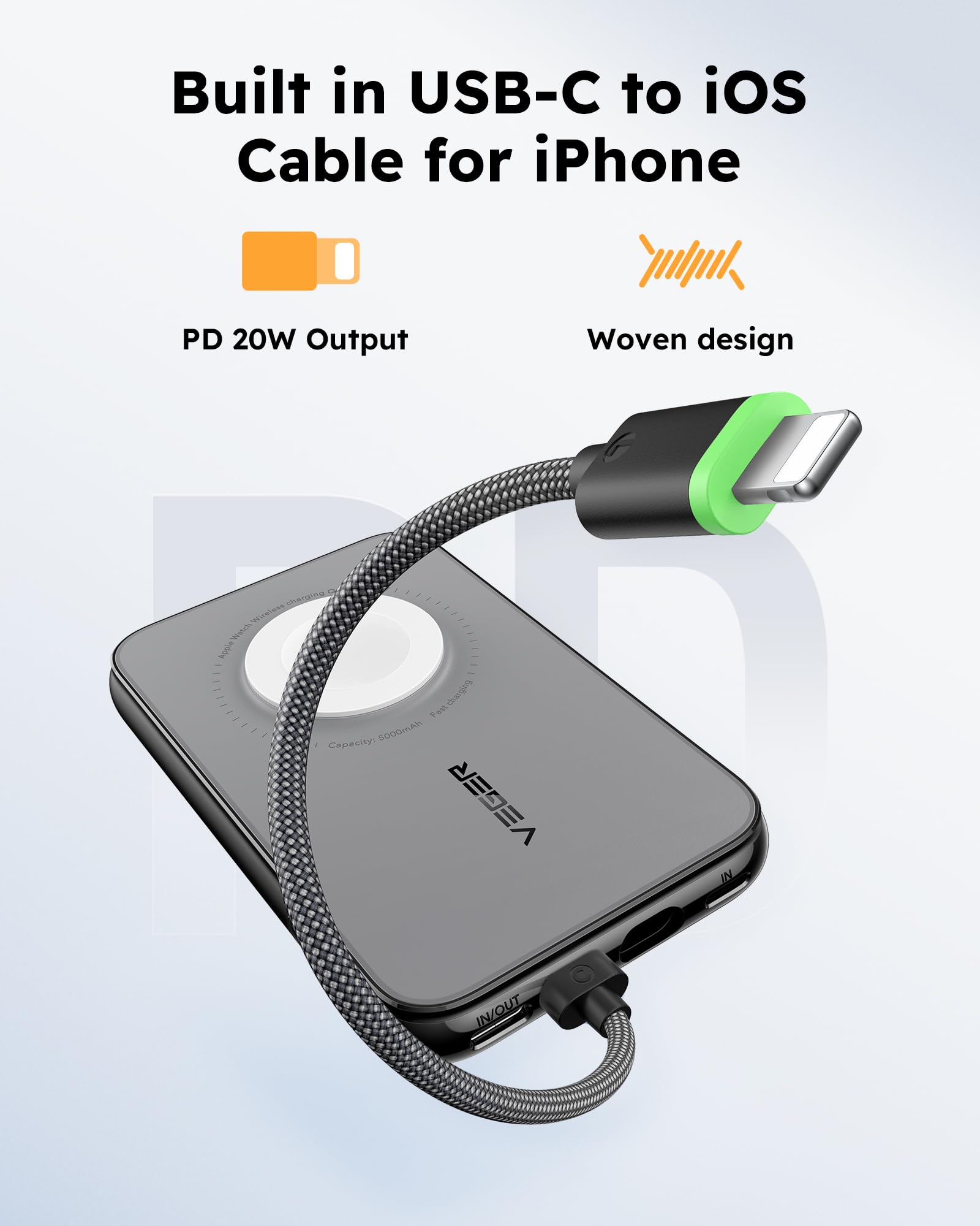 10000mAh Portable Charger with Built in Cable (Removable)