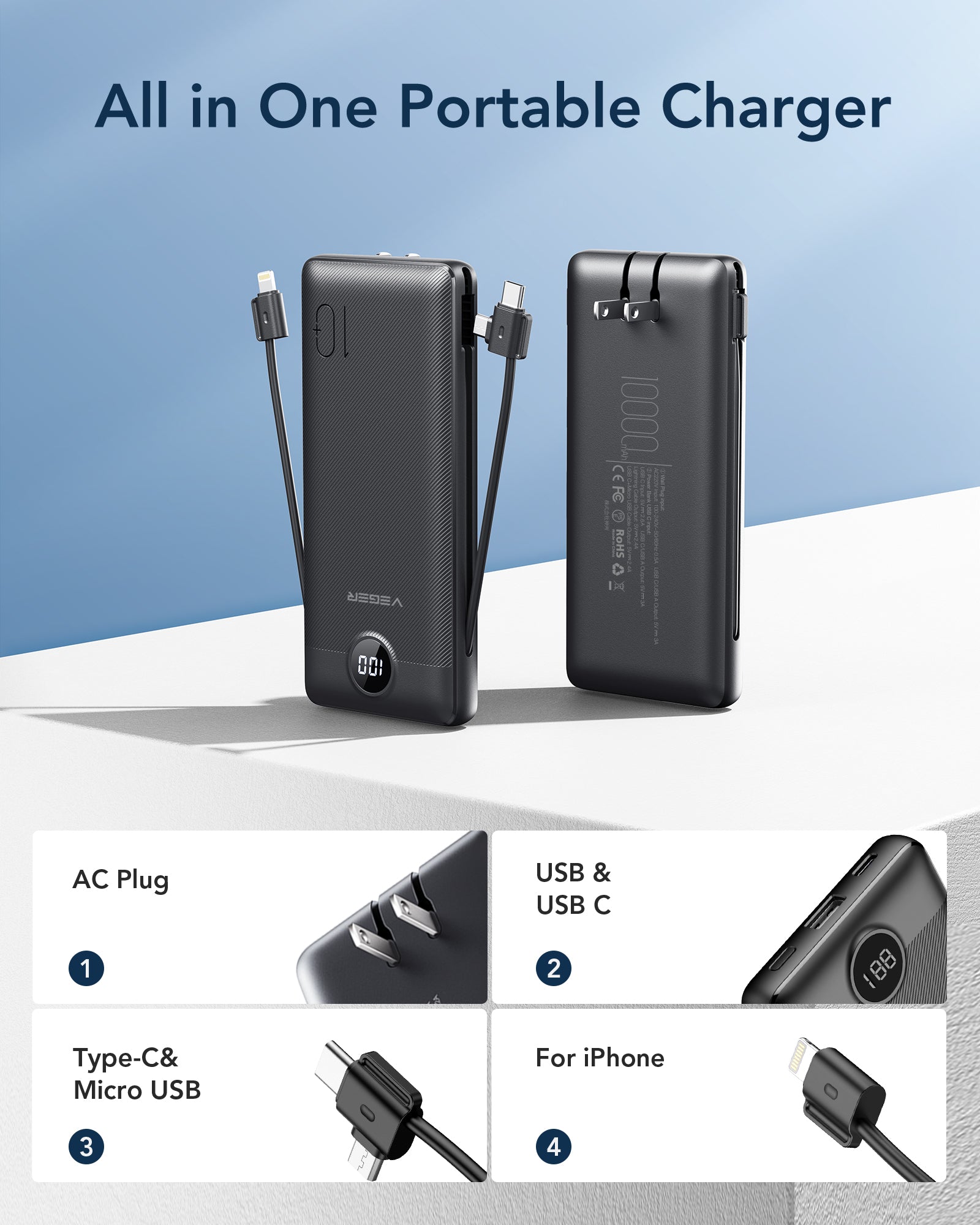 ACE100 Pro Built-in Cable and AC Plug 10000 mAh Power Bank