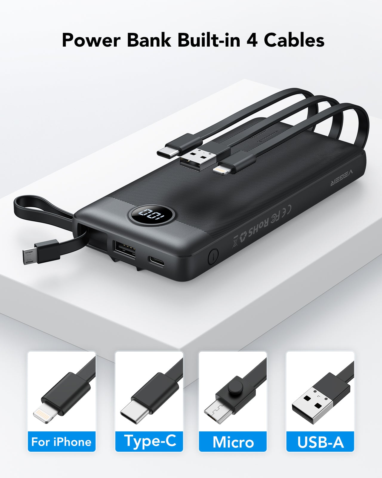 C10 10000mAh Power Bank with Built-in 4 Cables